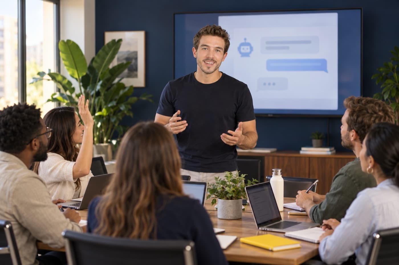 Un equipo tomando la capacitación con Luis René en su sala de juntas